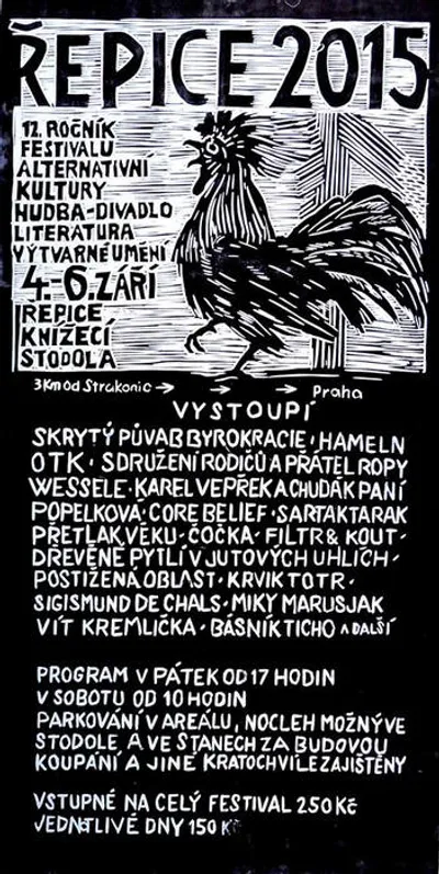 Řepice 2015: na dřevorytovém plakátu alternativního festivalu figurujeme (omylem) hned dvakrát: jako Filtr & Kout a jako Krvik Totr... Správně to mělo být Krvik Totr & Filtr.