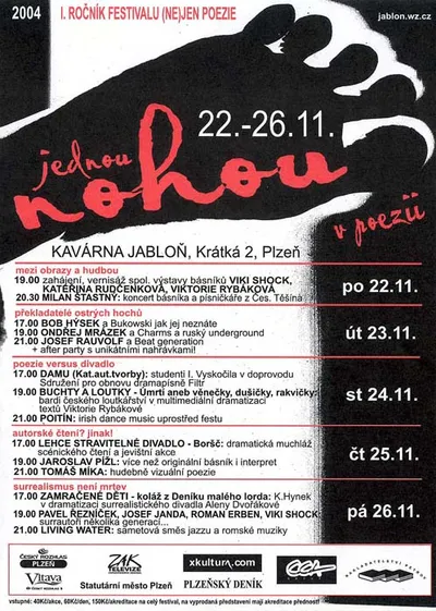 Jednou nohou v poezii:: plakát festivalu v plzeňské Jabloni